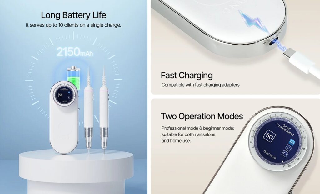 ONAIL NailHealth No.1 Smart Nail Drill — 2150 mAh battery, fast charging and two operation modes