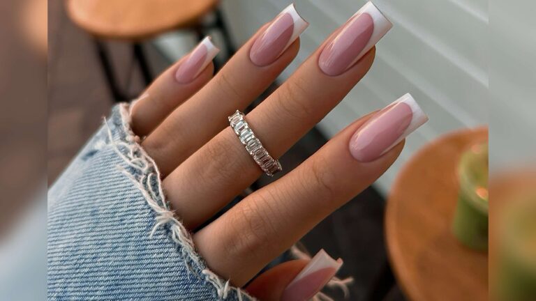 Classic nude pink French manicure on square-shaped nails
