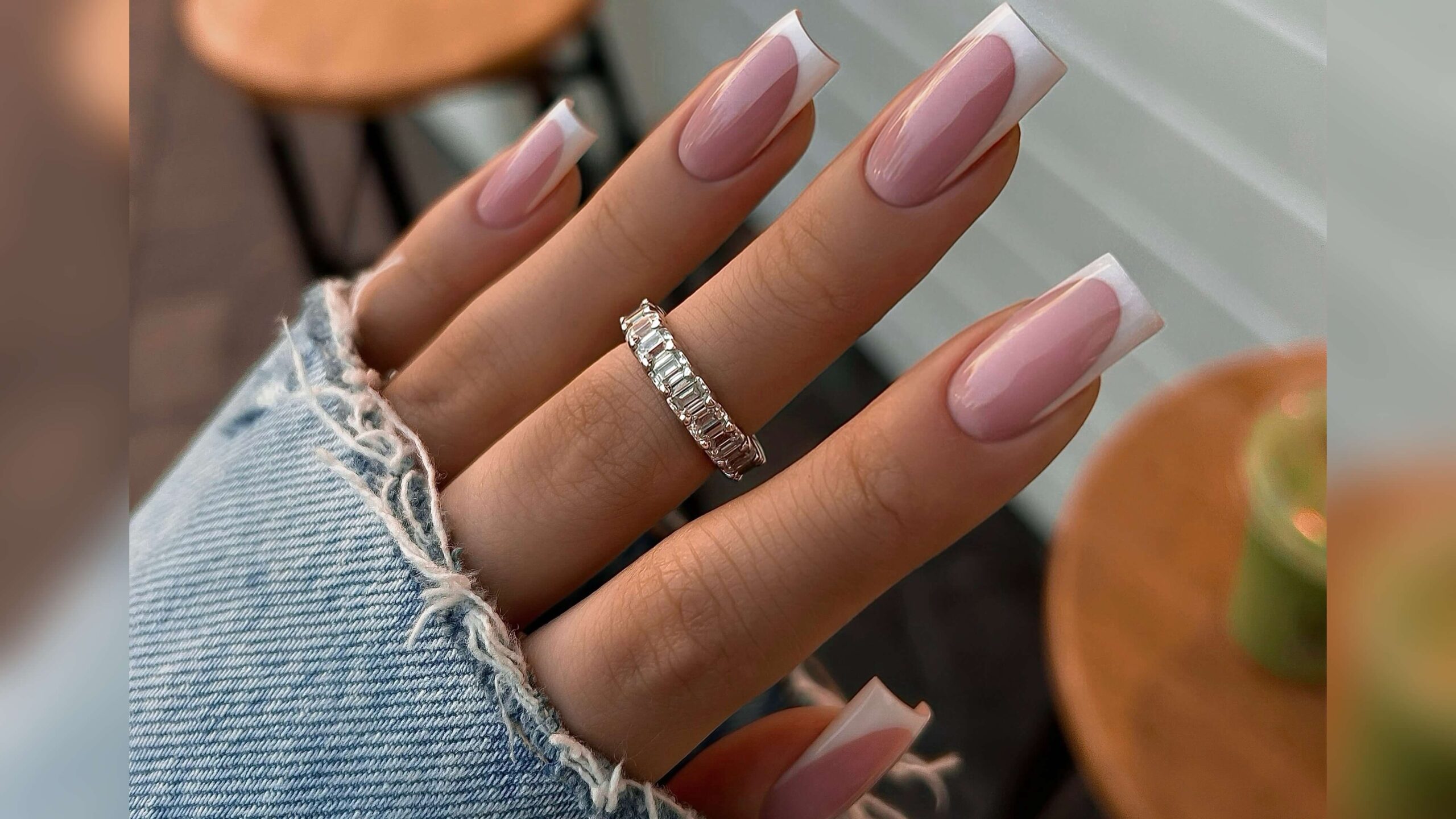 Classic nude pink French manicure on square-shaped nails