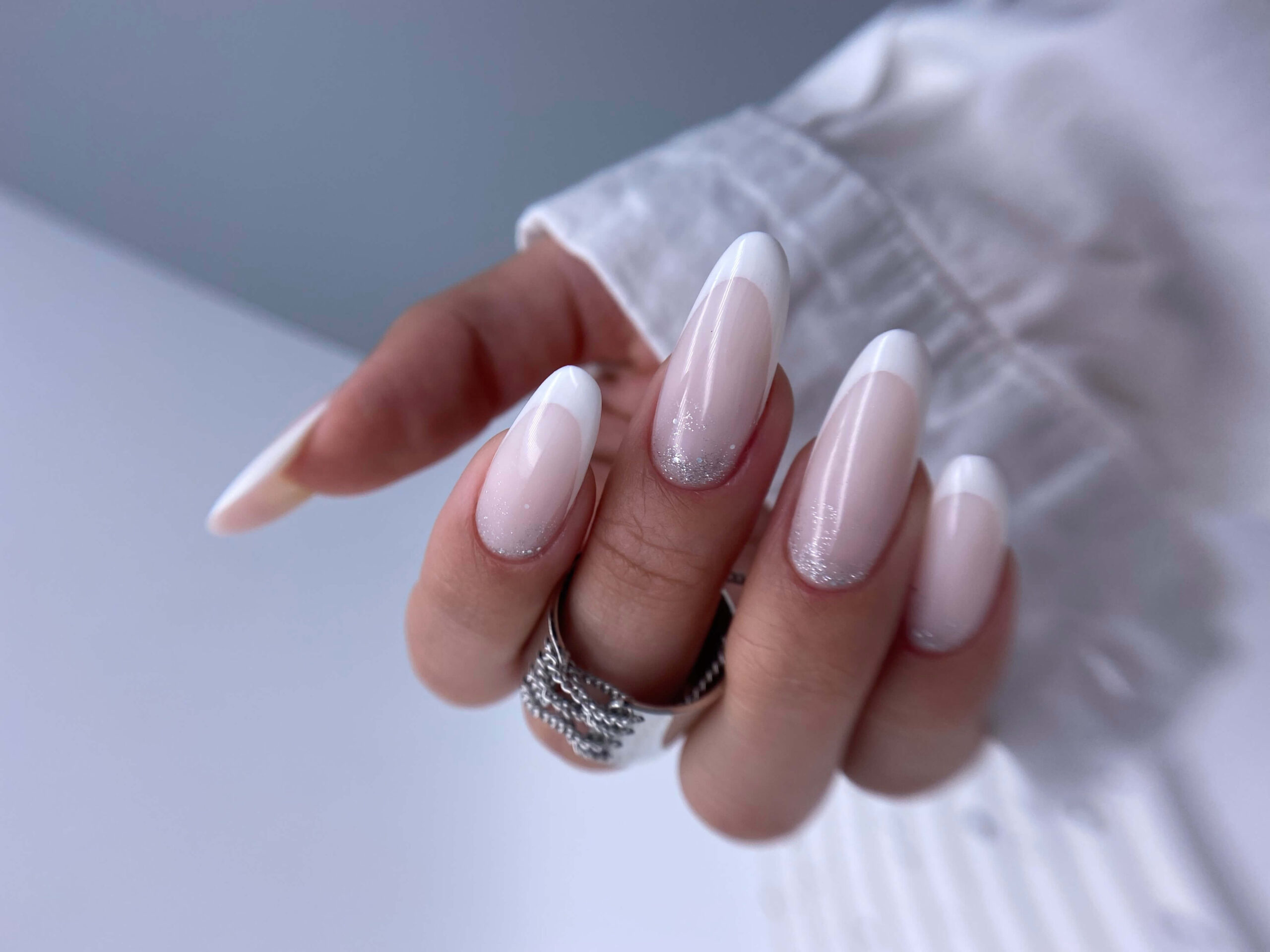 Clean French nails after Russian Manicure — long almond shape with flawless cuticle work