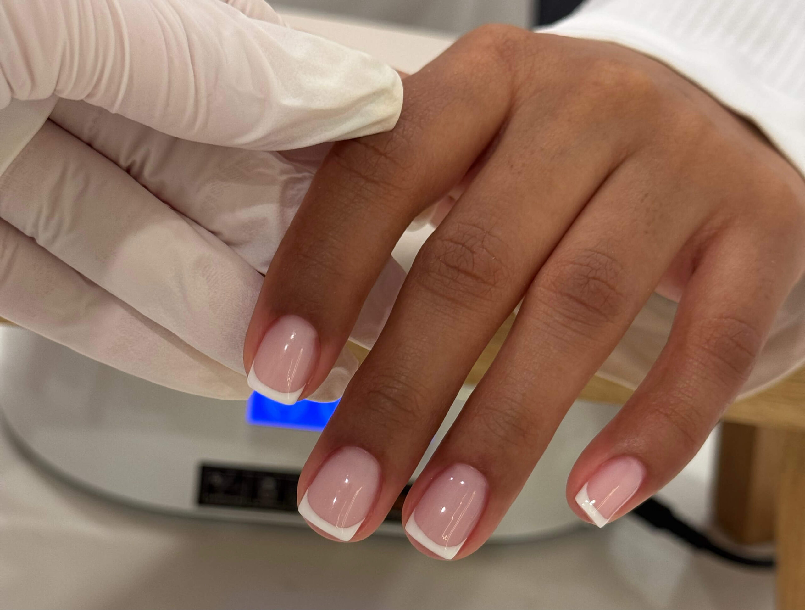 Short French nails after Russian Manicure — clean cuticle work and smooth gel application