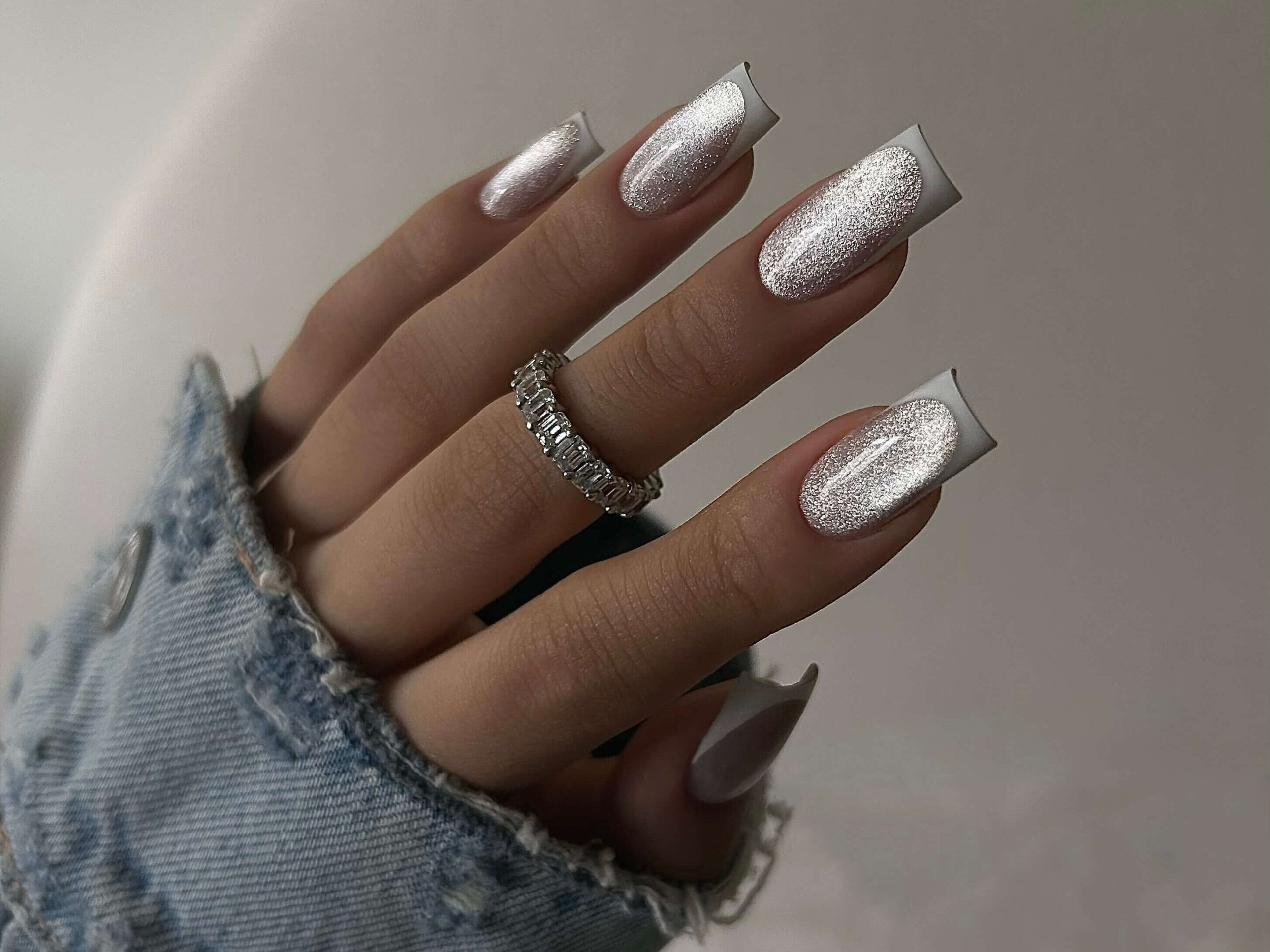 Silver French manicure with cat eye effect – 2025 nail trend by Vikki Swan