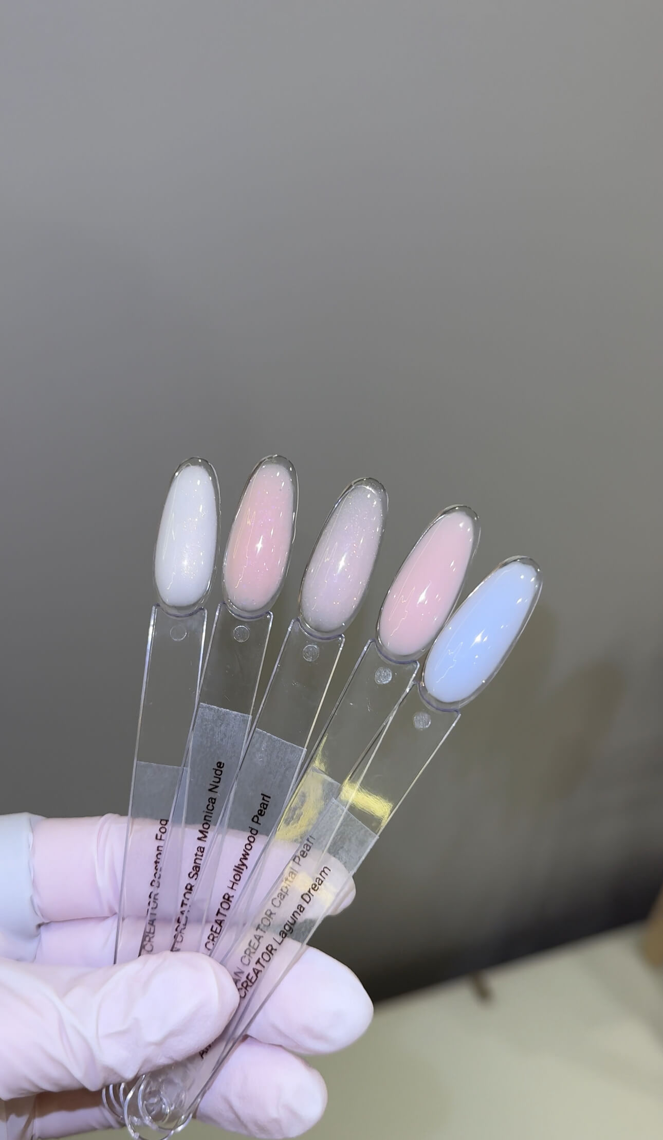 American Creator FrameWork Gel West & East Coast Collection nude and pastel color swatches on nail tips